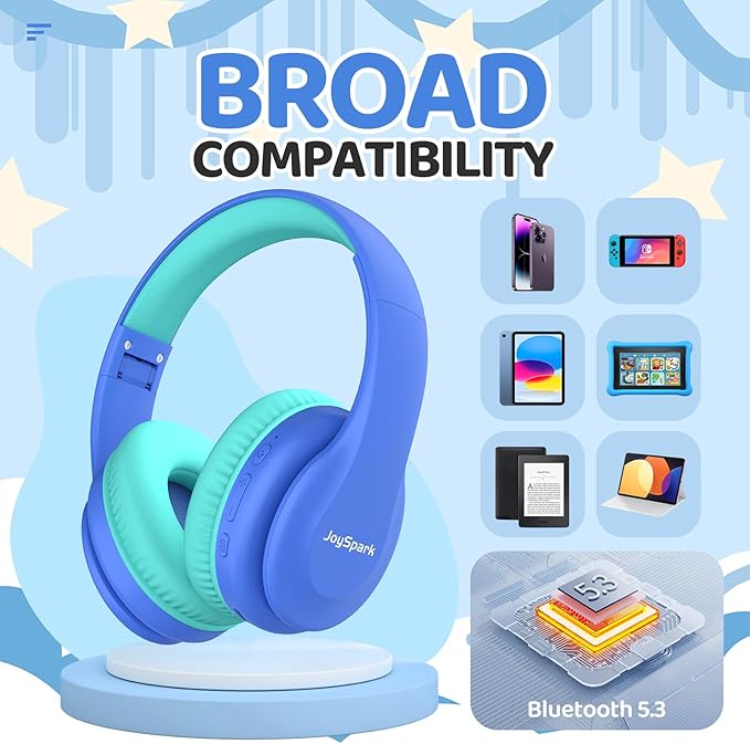 JoySpark Kids Bluetooth Headphones, Lightweight Wireless Headphones for Kids, 85/94dB Volume Limited, 60 Hours Playtime, Bluetooth 5.3, Over-Ear Toddler Headsets with Built-in Mic-Blue