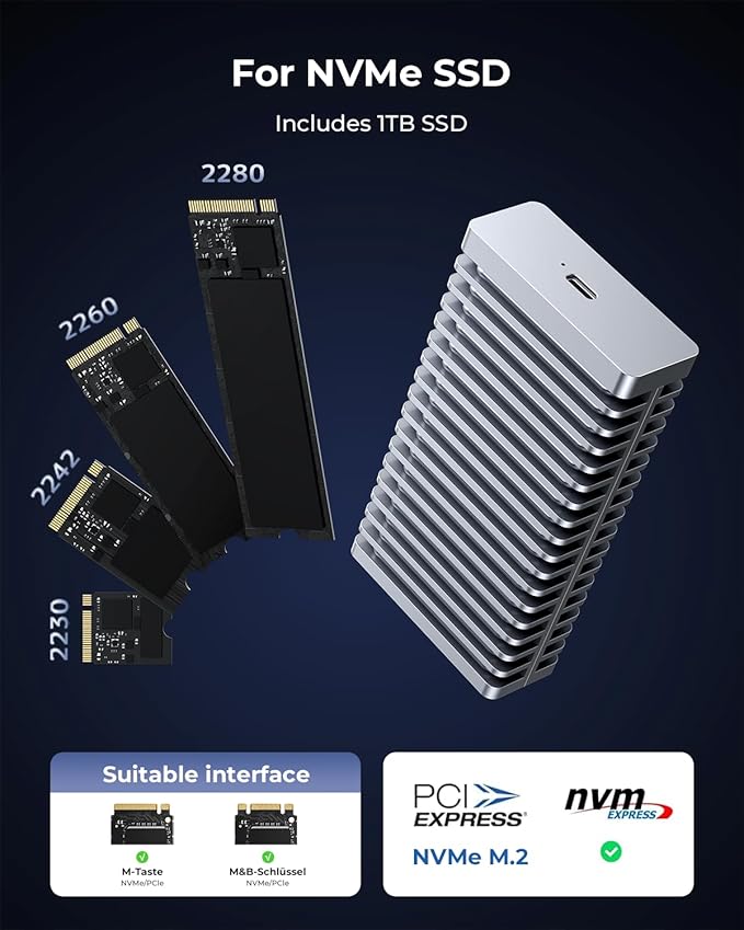 RayCue 40Gbps M.2 NVMe Enclosure with Aluminum Double-Sided Fin Heat Dissipation, External SSD Case for Mac, Windows, Compatible with USB 4/3.2/2.0 (Includes 1TB SSD)