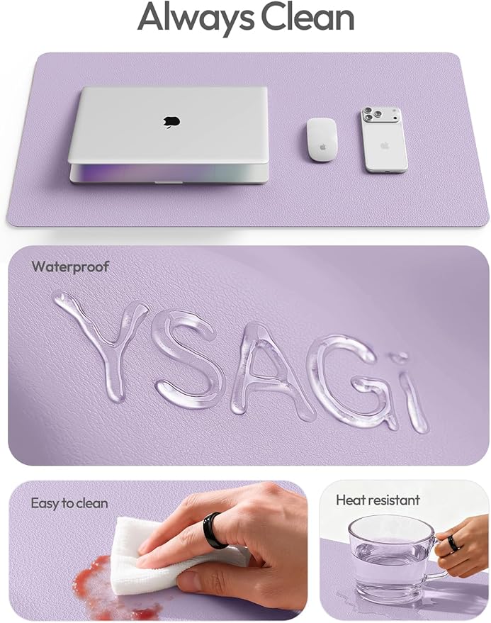 YSAGi Leather Desk Protector, Office Mat, Large Mouse Mat, Non-Slip PU Leather Blotter, Laptop Desk Pad, Waterproof Writing Pad for Office and Home (Light Purple, 47.2" x 23.6")