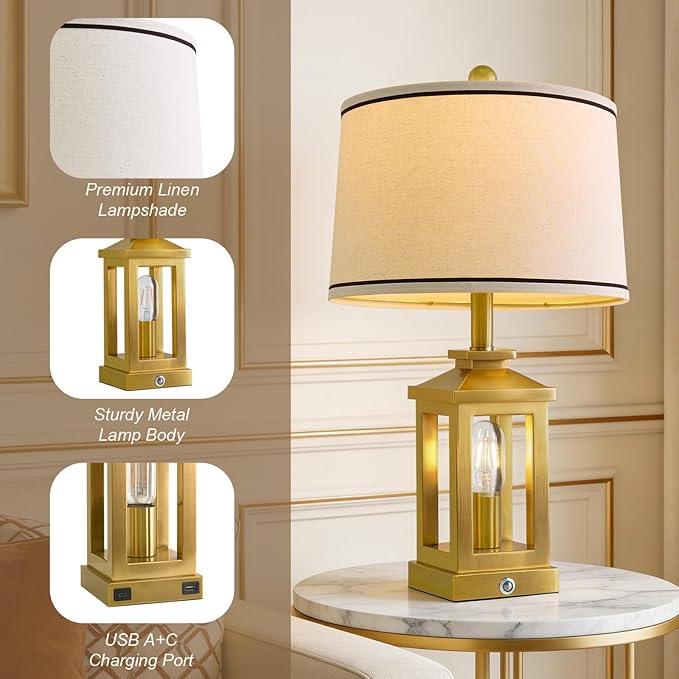 G-SAFAVA 24" Table Lamps for Living Room Bedroom Modern Gold Bedside Lamps Set of 2 Nightstand Lamps for Night Stands 3 Way Dimmable Touch Lamp with USB C+A Ports and 2 Light Sources, 4 Bulbs Includes