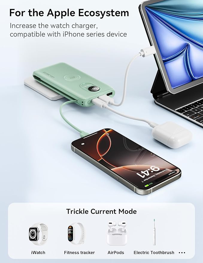 Portable Charger, 10000mAh 22.5W Power Bank Fast Charging with Wall Plug, Built-in Cables, LED Display, Compact Lightweight USB C Travel Battery Pack for iPhone 17/16, Android Cell Phone, Pad, iWatch