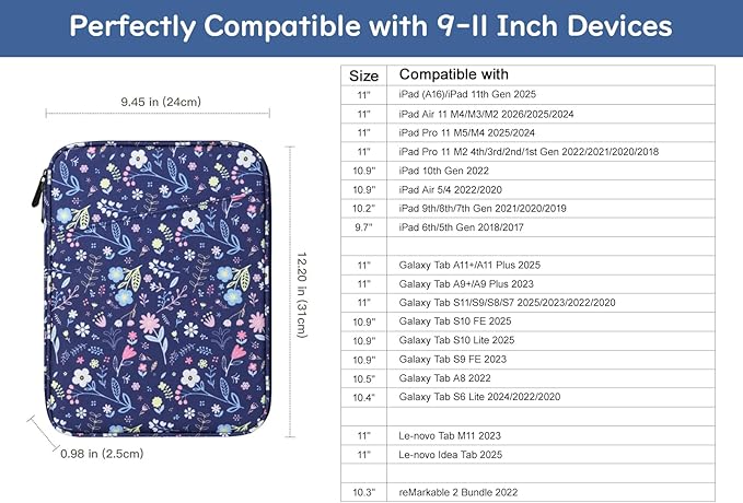 Dadanism 9-11" Tablet Sleeve Bag Carrying Case for iPad (A16) 11th Gen 11", iPad 10th Gen 10.9" Air 5/4, iPad Air M4/Pro 11", iPad 9/8/7th, Galaxy Tab A11+ Plus 11", Remarkable 2 10.3", Flower+Blue