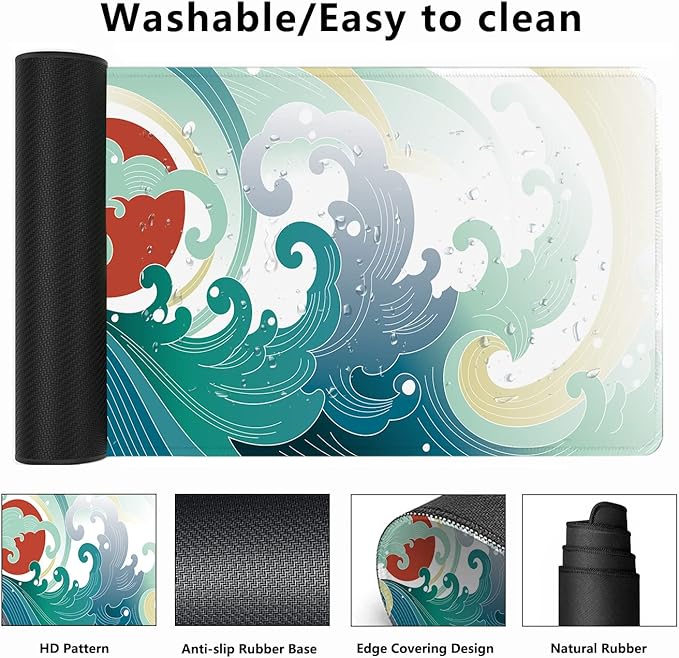 Ocean Wave and Sun Desk Mat,Traditional Japanese Wave Extended Gaming Mouse Pad,Large Non-Slip Rubber Base Mousepad with Stitched Edges,Waterproof Mouse Mat Desk Pad for Office Game Home 35.4x15.75 in