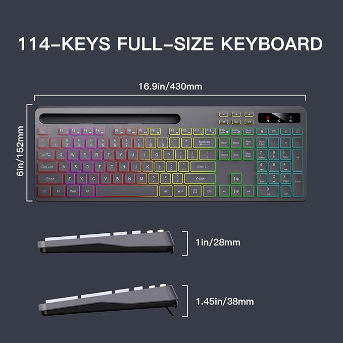 Soueto Wireless Keyboard with 7-Color RGB Backlit, Full-Size Computer Keyboard with Phone Tablet Holder, 2.4G Rechargeable Gaming Keyboard with Light Up Keys, Compatible with Mac, Windows (Grey)