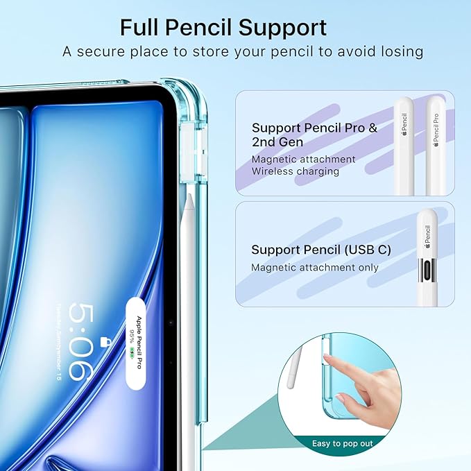MoKo for iPad Air 11 inch Case (M4/M3/M2) 2026/2025/2024, iPad Air 5th/4th Gen 10.9 inch Case 2022/2020 with Pencil Holder, Slim Light Trifold Cover with Hard PC Translucent Back Shell, Azure
