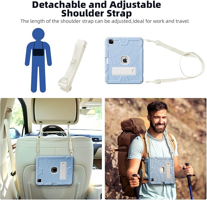 TSQQST Case for iPad Pro 12.9 Inch 6th/5th/4th/3rd Generation 2022/2021/2020/2018 for Kids, Full Body Shockprof Rugged Protection Case Cover with Stand +Pencil Holder+ Shoulder Strap, Ice Blue