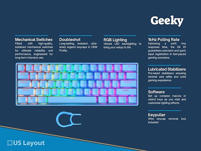 Geeky GK61 SE 60% | Mechanical Gaming Keyboard | 61 Keys Multi Color RGB LED Backlit for PC/Mac Gamer | ANSI US American Layout (Blue, Mechanical Black)