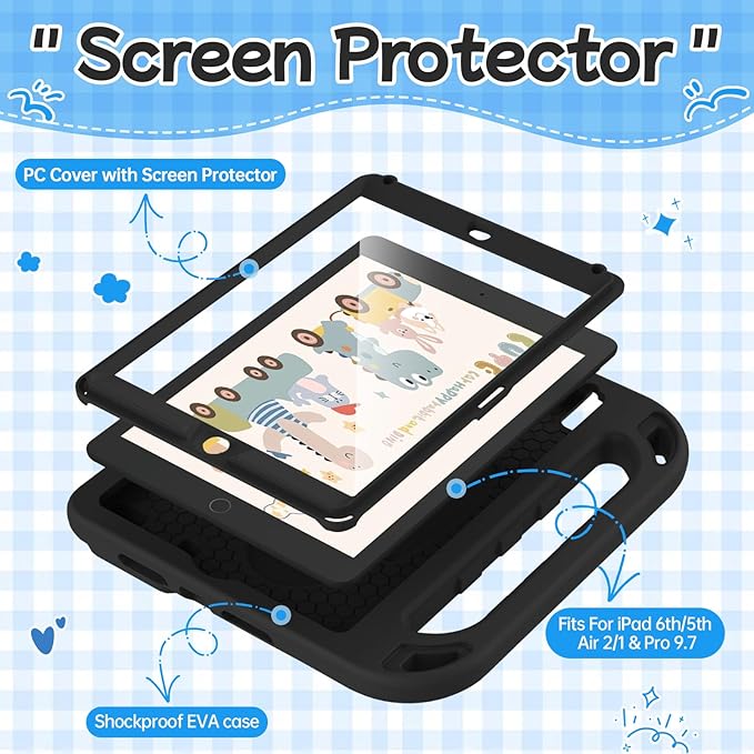 BMOUO Kids Case for iPad 9.7 2018/2017/iPad Air 2/1/Pro 9.7-Built-in Screen Protector Shockproof Handle Convertible Stand Case for iPad 9.7 Inch 2018 (6th Generation)/2017 (5th Generation),Black