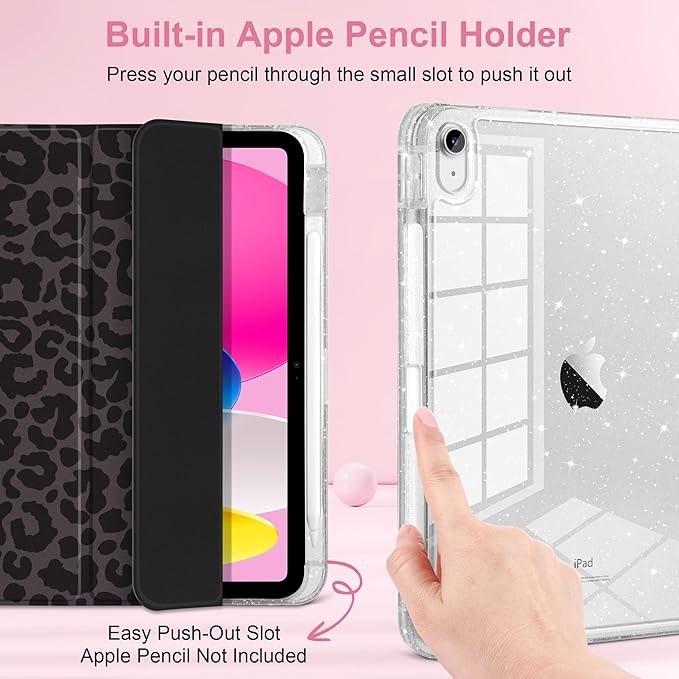 DONGKE for iPad Pro 11 inch Case – Fits M5 2025 / M4 2024, Shockproof Sparkling Glitter Acrylic Back, Pencil Holder, Trifold Stand, Auto Sleep/Wake & Touch ID Support - Black Leopard