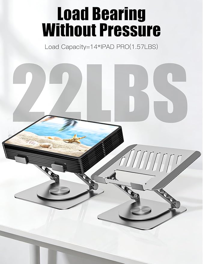 Adjustable Computer Stand with 360 Rotating Base, Ergonimic Foldable Laptop Riser for Desk Compatible with MacBook Pro/Air Notebook up to 16 Inches, Silver
