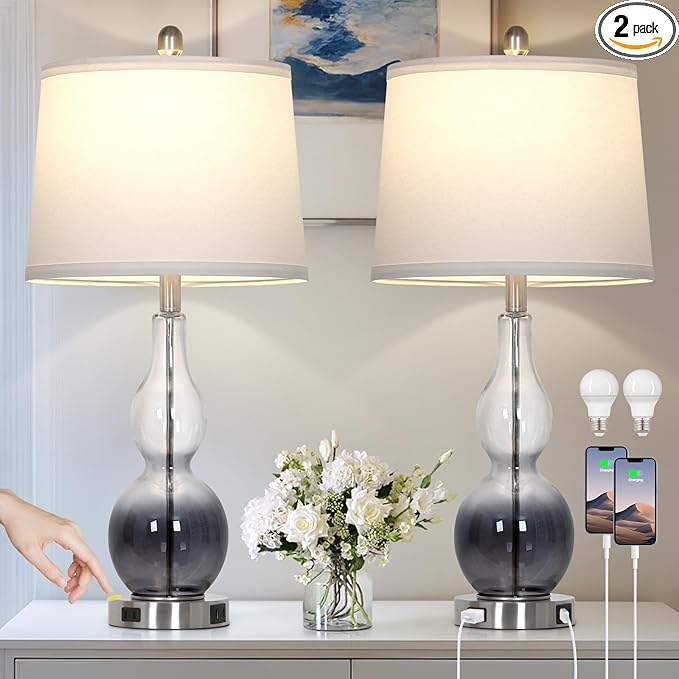 Rinweey 27.5" Gradual Gray Clear Glass Table Lamp Set of 2,3-Way Dimmable Touch Control Bedside Lamps with USB Ports and AC Outlet, Modern Nightstand Lamps for Bedroom Living Room