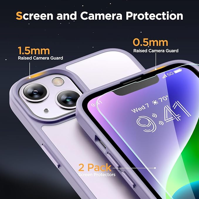 Miracase Magnetic for iPhone 14 Case 6.1 inch (Compatible with MagSafe)（with 2X Screen Protectors） Military-Grade Protection, Anti-Fingerprint Translucent Matte Phone Case Cover, Light Purple