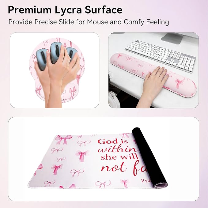 Desk Mat Set + Keyboard and Mouse Pad with Wrist Rest Support,4-in-1 Large Mousepad Computer Mats for Desktop Home & Office-Pink Bowtie