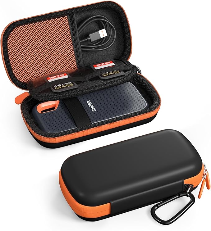 ProCase Hard Carrying Case for SanDisk Extreme/SanDisk Extreme Pro Portable External SSD, 500GB 1TB 2TB 4TB 8TB USB-C Solid State Drive, EVA Shockproof Travel Case with 2 SD Card Slots -OrangeBlack