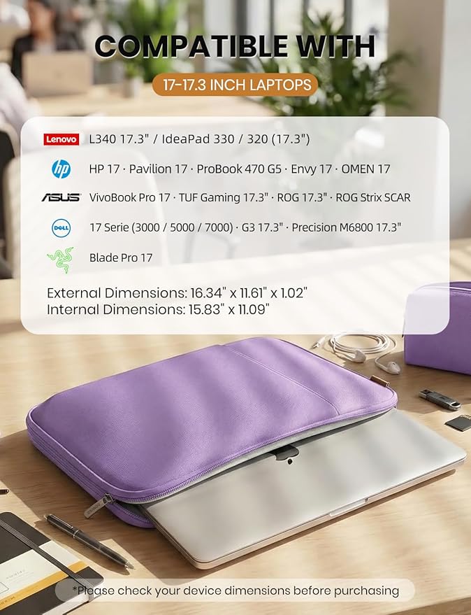 DOMISO 17.3 inch Laptop Sleeve Case Water Resistant Shockproof Protective Computer Bag for 17.3" Notebook/HP Pavilion Envy 17/IdeaPadm/MSI/LG Gra with Accesory Bag,Purple