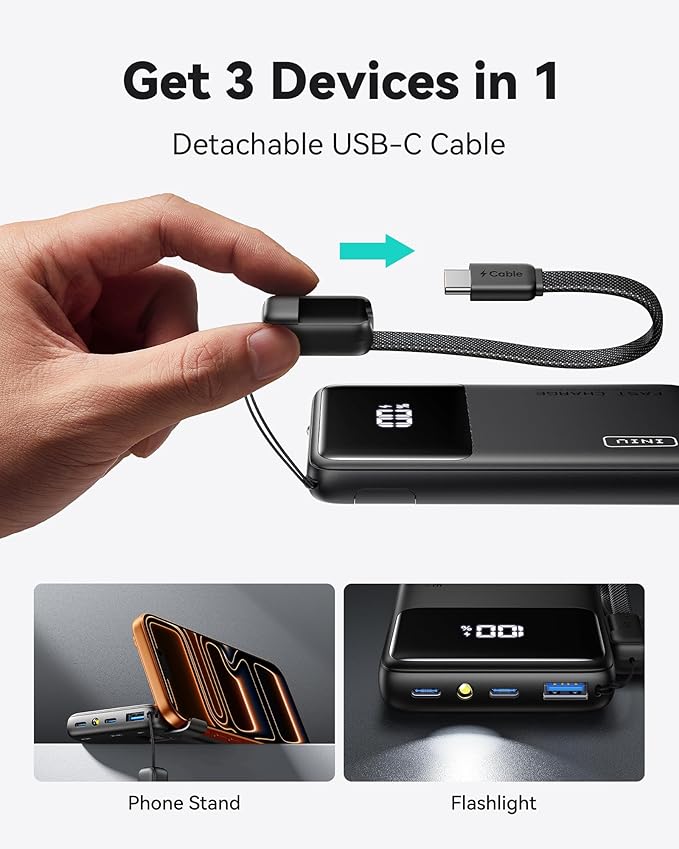 INIU Ultra Compact Portable Charger, 10000mAh 45W Fast Charging Power Bank with Detachable USB-C Cable & Stand, Flight-Safe Travel Battery Pack for iPhone 17 16 15 Pro Max Air, Samsung S26, iPad, etc