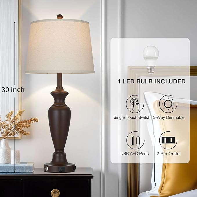 Cinyirong 30" Tall Brown Table Lamp for Living Room, 3-Way Dimmable Touch Control Bedside Lamp for Bedroom Nightstand with USB A+C Ports & AC Outlet (1 Pack)