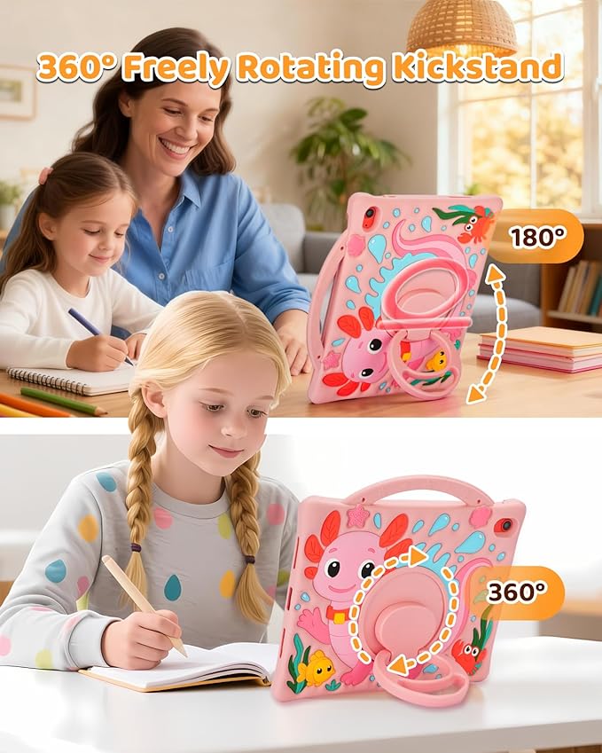Kids Case for iPad Air 11 Inch 6th (M2 M3) / iPad Pro 11" 4th/3rd/2nd/1st / iPad Air 5/4 10.9", Axolotl Cute Silicone Cover with 360 Rotating Stand, Detachable Strap & Stylus Holder (Pink)