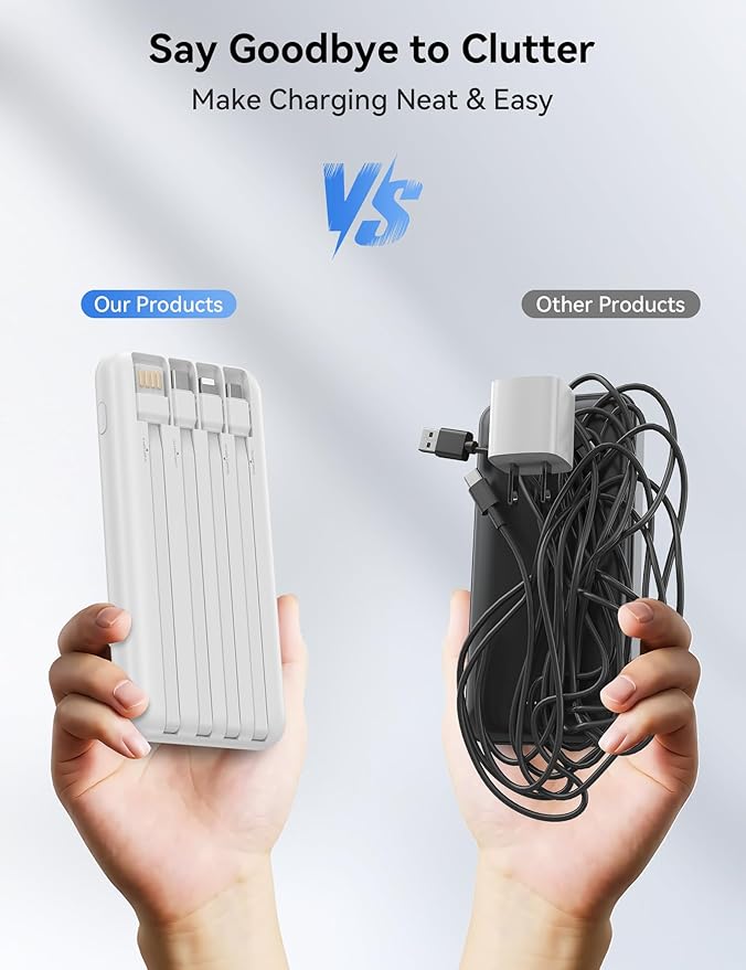 Portable Charger, 10000mAh 22.5W Fast Charging Power Bank with 4 Built-in Cables, Travel Essentials Battery Pack with LED Display, 6 Outputs Charging Bank Compatible with iPhone, iPad, Samsung White