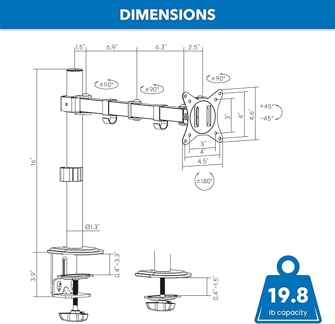 Mount-It! Single Monitor Arm 17" to 32", Full Motion Adjustment with Tilt, Rotation, Swivel, Height Adjustment Along Pole, Clamp or Grommet Mounting, Monitor Desk Mount VESA 75x75 and 100x100, Black