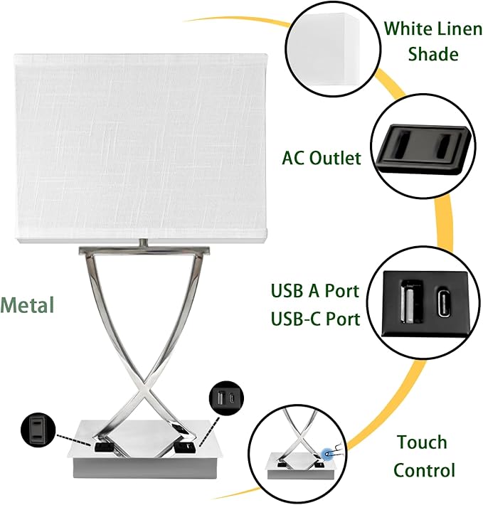 OYedis 21.38" Table Lamp for Bedroom Living Room 3-Way Dimmable Touch Control Medium Chrome Bedside lamp with USB A+C Ports，Nightstand Lamp with White Linen Shade Bulb Included (White-Chrome)
