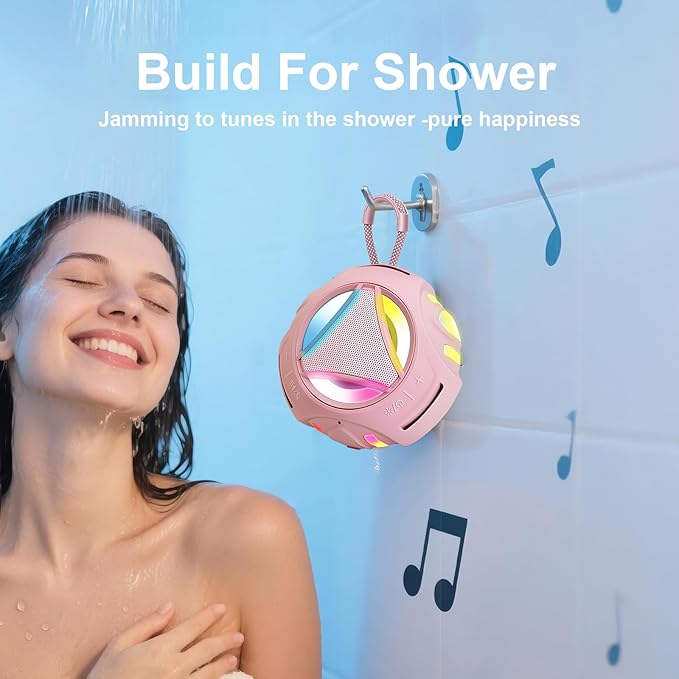 Portable Bluetooth Speaker, IPX7 Waterproof Wireless Outdoor Speakers, Mini Shower Speaker, Floating, Built-in Mic, 24H Playtime with LED Lights,Loud HD Sound, Powerful Bass, Gifts for Unisex - Pink