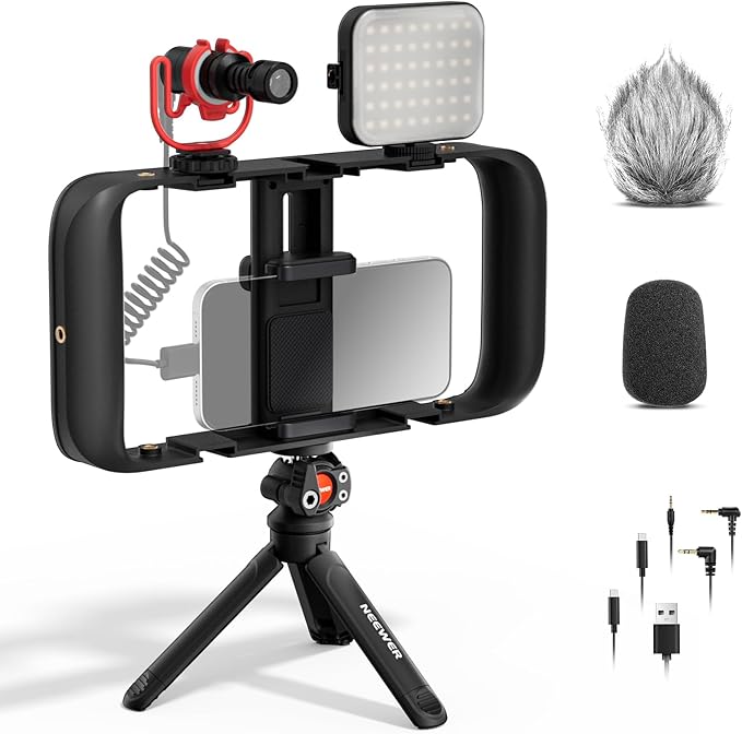 NEEWER Basics Vlogging Kit with Phone Cage Rig Microphone LED Fill Light Tripod Compatible with iPhone, Youtuber Starter Content Creator Essential for YouTube TikTok Streaming Video Recording, PA055