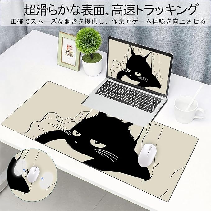 Gaming Mouse Pad XXL Extended Anime Mouse Pad 31.5x15.7inch, Large Cute Kawaii Big Computer Mouse Mat Desk Pad with Non-Slip Rubber Base and Stitched Edge for Home Office-Black Cat