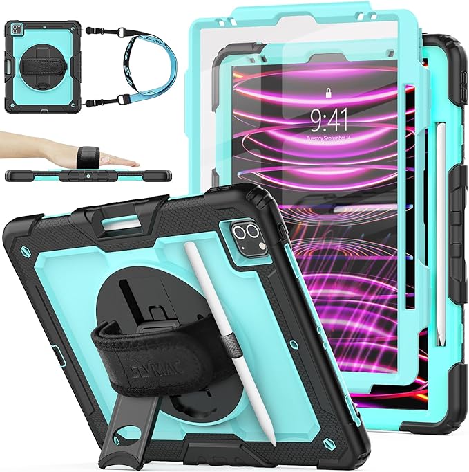 SEYMAC stock Case for iPad Pro 12.9'' 2022/2021/2020/2018 with Screen Protector 360 Rotating Stand Hand Strap, Drop-Proof Case for iPad Pro 12.9''(6th/5th/4th/3rd Generation), SkyBlue/Black