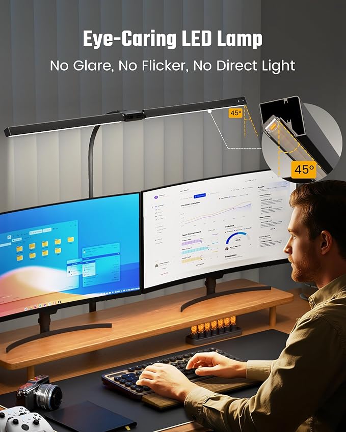 Eye-Caring Desk Lamp with Clamp, LED Desk Light Bar for Dual Monitors, Adjustable Gooseneck Table Lamp with 3 Color Modes, Smooth Dimming Office Desk Lamp for Home Office, Study, Computer Work
