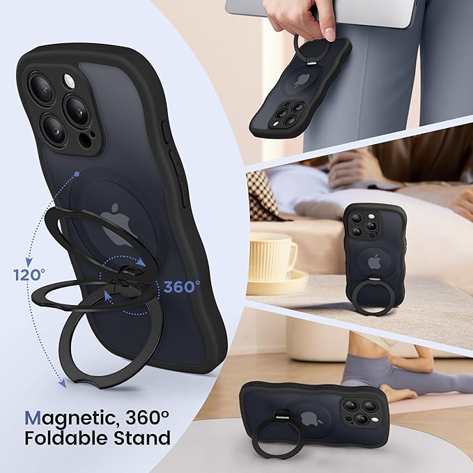 CAPRARO for iPhone 14 Pro Case with 360° Spin Magnetic Stand for Women, [Compatible with MagSafe] [Full Camera Protection] Cute Wave Translucent Matte Case for iPhone 14 Pro,Black