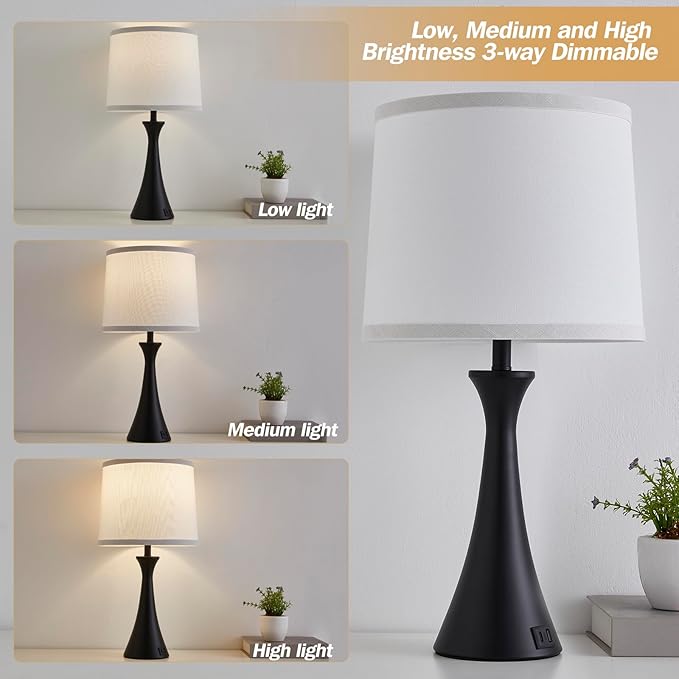 Touch Lamp for Living Room Bedroom, 21" Table Lamps Set of 2 with USB C+A Ports and White Lamp Shades, Touch Bedside Lamps for Nightstand with 3 Way Dimmable, 2 LED Bulbs Included