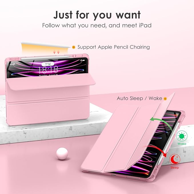 VIKESI Case for iPad Pro 12.9 6th/5th/4th/3rd Generation 2022/2021/2020/2018,TPU Shockproof Frame,Built-in Pencil Holder,Auto Sleep/Wake - Pink