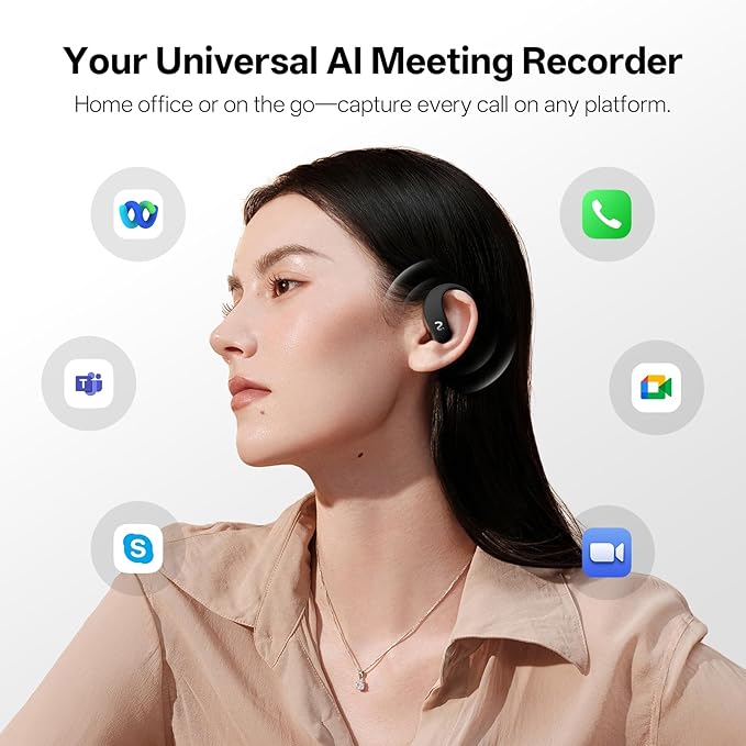 OpenNote Professional AI Note Taker Earbuds, MFi Certified Open-Ear Voice Recorder, 53H Battery, Instant Call & Meeting Recording, Live Transcription & AI Summary, IP55, Black