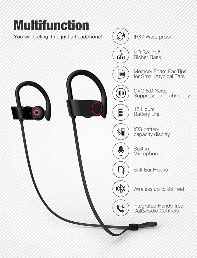 Bluetooth Headphones,Wireless Earbuds IPX7 Waterproof Sports Earphones 15H Playtime with Mic HD Stereo Sound Sweatproof in-Ear Earbuds Sound Isolation Headsets Gym Running Workout