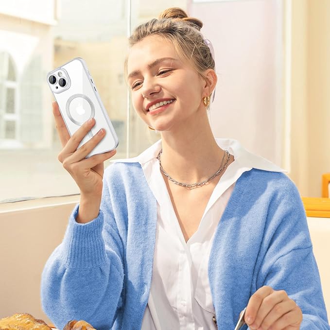 Hython Magnetic Clear for iPhone 15 Case with Camera Lens Protector [Compatible with MagSafe] Luxury Plating Edge Slim Soft TPU Cover Protective Phone Case for iPhone 15 6.1", Matte Silver