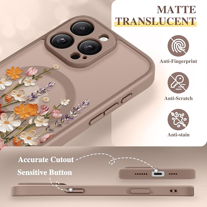 GVIEWIN for iPhone 16 Pro Max Case Compatible with MagSafe, [Military Grade Protection] [Screen Protector] Full Camera Protection Floral Translucent Women Magnetic Phone Case, Primrose/Gold