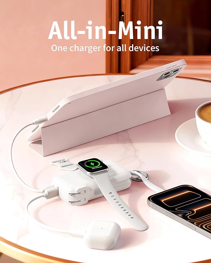 RORRY Flow Portable Charger, 10000mAh 40W Fast Charging Power Bank with Built-in USB C Cable and Foldable Wall Plug, Battery Pack Travel Essentials for iPhone 17/16/15, Apple Watch, iPad, MacBook
