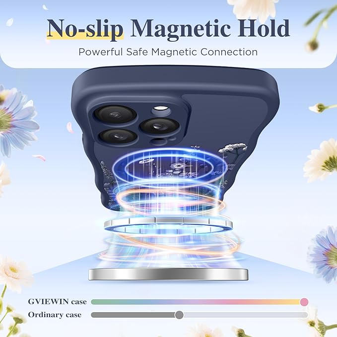 GVIEWIN for iPhone 14 Pro Max Case Compatible with MagSafe [Curly Wave Edge][Full Camera Protection] Floral Translucent Shockproof Magnetic Women Phone Case for 14 Pro Max, Floratopia/Blue
