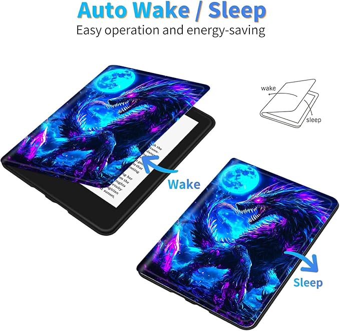 for Amazon Kindle Fire 7 (12th Generation, 2022 Release) 7" Tablet Case, Slim Kickstand Stand Leather Smart Cover with Auto Wake/Sleep, Blue Moon Dragon