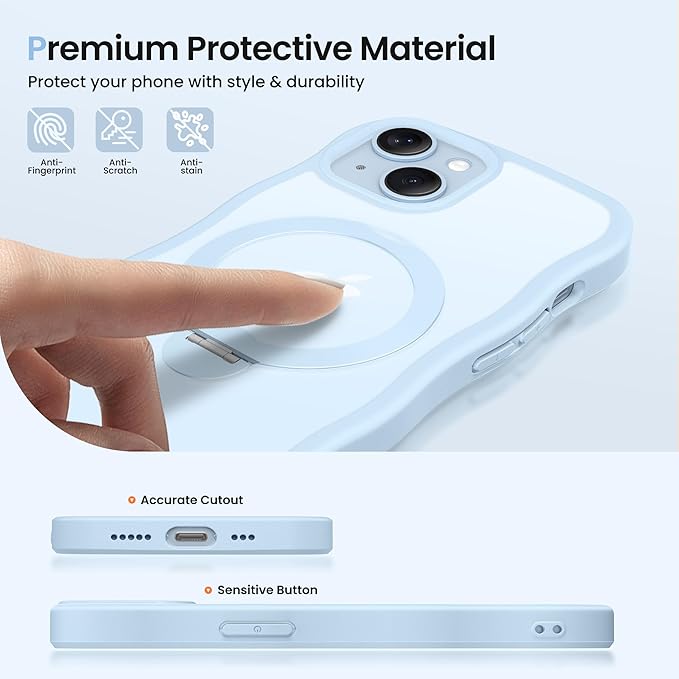 CAPRARO for iPhone 13 Case & iPhone 14 Case with 360° Spin Magnetic Stand for Women, [Compatible with MagSafe] [Camera Protection] Cute Wave Translucent Matte Case for iPhone 13/14, Light Blue