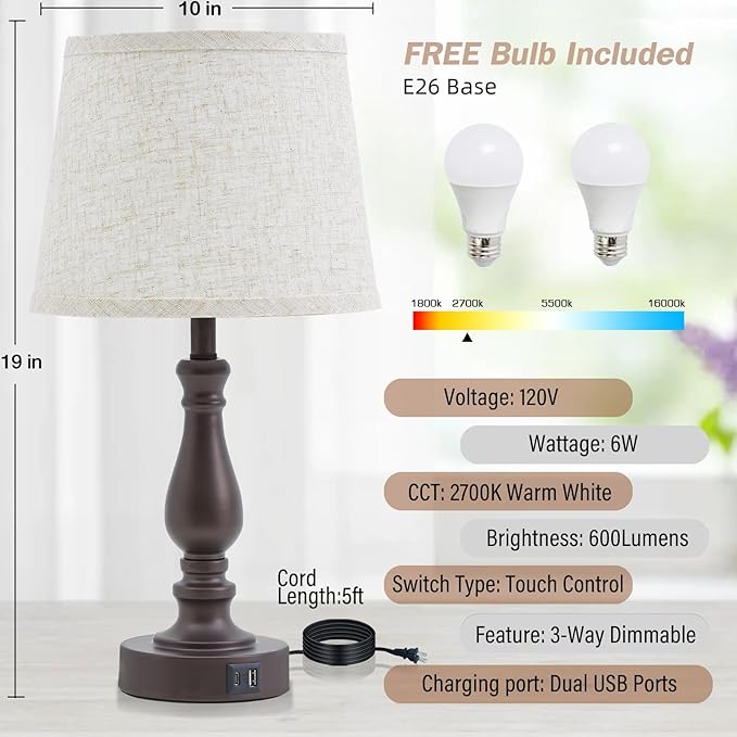 EJIAXIN Table Lamps for Bedrooms Set of 2 - Touch Bedside Lamps with USB C+A Ports - Dimmable Nightstand Lamps for End Tables Farmhouse Night Stand Lamps for Living Room Bed Side Guest Room