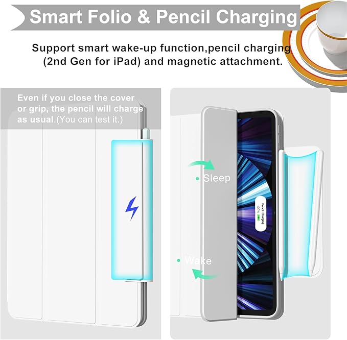 ZENLU iPad Pro 11 inch Case with Removable Magnetic Folio Cover, Premium PU Leather, Multiple Angles Stand, Pencil Slot Charging Support, Full Protective Case for 11" (1/2/3/4 Gen) iPad Pro (White)