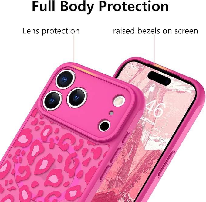 KANGHAR Case Compatible with iPhone 17 Pro Hot Pink Leopard Printed Pattern [Compatible with Magsafe] Cute Cheetah Protective Magnetic Case for Girls Women 6.3"