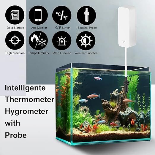 Smart Thermometer Hygrometer with Probe, WiFi Aquarium Temperature Humidity Gauge with App Remote Monitor, Indoor Refrigerator Thermometer Sensor, Data Storage&Export, Compatible with Alexa. 4PCS