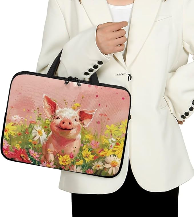 Pink Pig Floral 17 Inch Laptop Sleeve, Cute Computer Bag Tablet Carrying Case Laptop Cover Tote Bags Notebook Sleeves Handbag Messenger Briefcase for Travel/Work/School