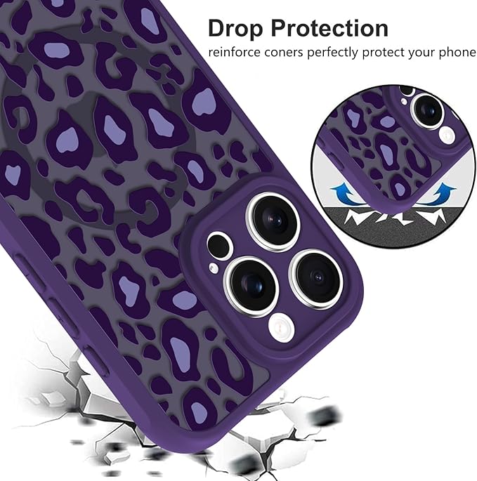 KANGHAR Case for iPhone 16 Pro Max Purple Leopard Printed Pattern Cute Cheetah [Compatible with Magsafe] Protective Magnetic Case for Girls Women 6.9"