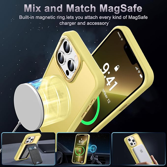 Newfuture Designed for iPhone 13 Pro Max Case with Magnetic [13 FT Military Drop Protection] [Compatible with Magsafe] Slim Translucent Matte Shockproof with Anti-Fingerprint Phone Case, Yellow