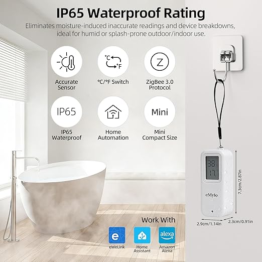 eMylo Zigbee Temperature Humidity Sensor, IP65 Waterproof LED Smart Thermometer Hygrometer for Home Automation, Remote Monitoring, Hub Required, Compatible with Echo Devices with Zigbee Hub Built-in