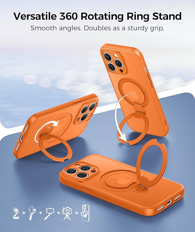 FNTCASE for iPhone 14 Pro-Max Case: [360 Spin Magnetic Stand] [Compatible with Magsafe] [Screen Protector] Translucent Matte Military Grade Shockproof Full Camera Protective Phone Cover - Orange